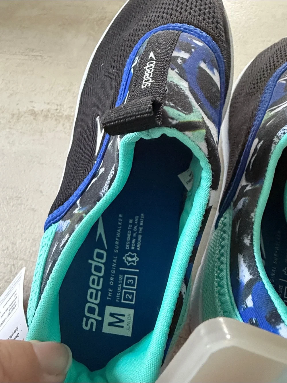 Speedo Black & Teal Junior Slip-On Water Shoes. Medium. 2/3 size.